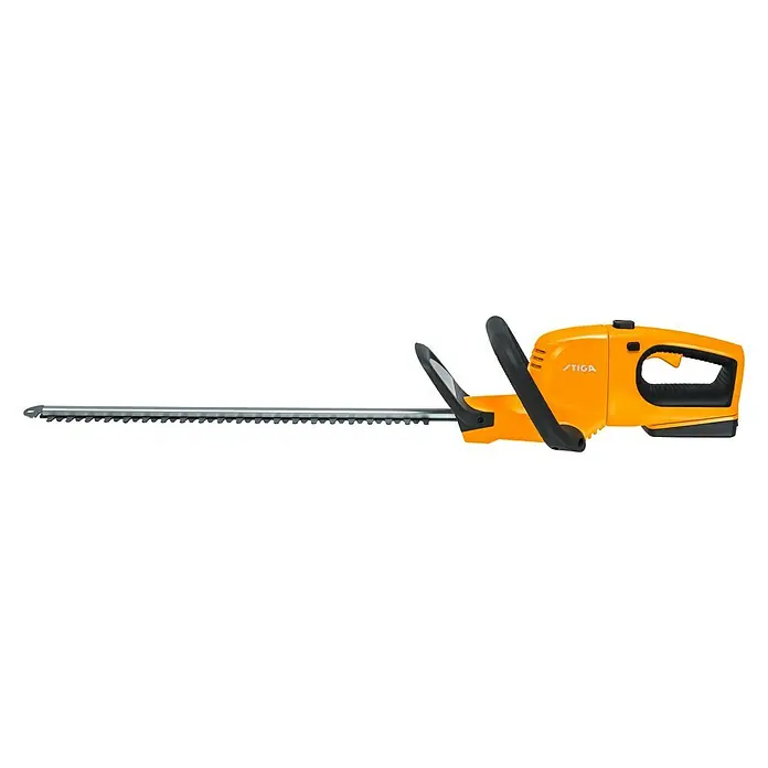 Stiga 100er Serie Akku-Heckenschere HT 100e Set - 20 V, Li-Ionen, 1 Akku, Schnittlänge: 50 cm - Bild einer gelben Stiga Heckenschere mit schwarzem Griff und silberner Klinge.