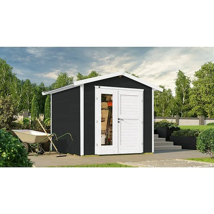 Weka Gartenhaus 224 - Außenmaß inkl. Dachüberstand (B x T): 280 x 238 cm, Holz, Anthrazit - Ein modernes Gartenhaus in Schwarz und Weiß mit Doppeltür und Fenster. Praktisch für die Aufbewahrung von Gartengeräten und Werkzeugen.