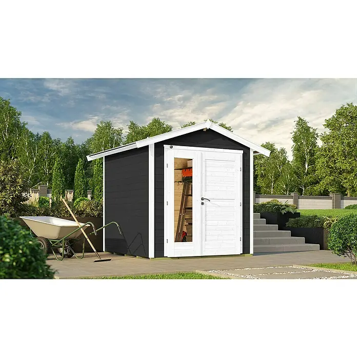 Weka Gartenhaus 224 - Außenmaß inkl. Dachüberstand (B x T): 260 x 238 cm, Holz, Anthrazit - Gartenhaus in Schwarz und Weiß mit Werkzeugen im Garten. Praktischer Stauraum für Gartengeräte und Werkzeug.