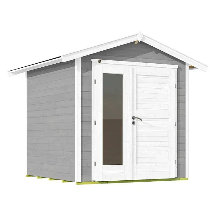 Weka Gartenhaus 224 - Außenmaß inkl. Dachüberstand (B x T): 260 x 238 cm, Holz, Grau - Ein graues Gartenhaus mit weißem Türrahmen und weißen Dachsparren. Die Tür hat ein Fenster und eine Holztür mit horizontalen Brettern.