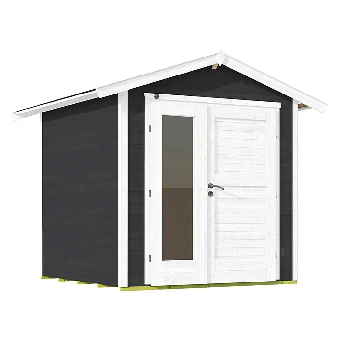 Weka Gartenhaus 224 - Außenmaß inkl. Dachüberstand (B x T): 260 x 238 cm, Holz, Anthrazit - Abbildung eines stilvollen Gartenhauses in dunklem Anthrazit mit weißen Akzenten, ideal für jeden Garten.