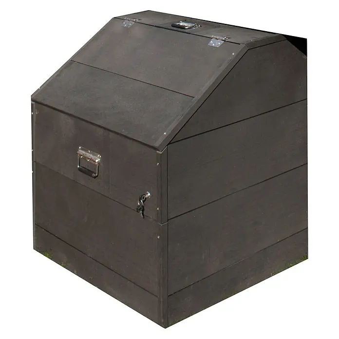 Gre Technikraum für Kompositpools - L x B x H: 80 x 60 x 89 cm, WPC - Ein kompakter, abschließbarer Holzkasten mit schräger Oberseite und Tragegriff, ideal zur sicheren Aufbewahrung im Außenbereich.