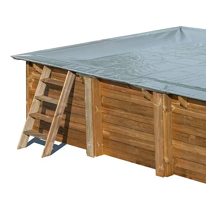 Gre Pool-Abdeckplane Winter Carra - 335 x 335 cm, Grau - Brauner Holzschwimmbecken mit grauer Abdeckplane und einer Holzleiter an der Seite.