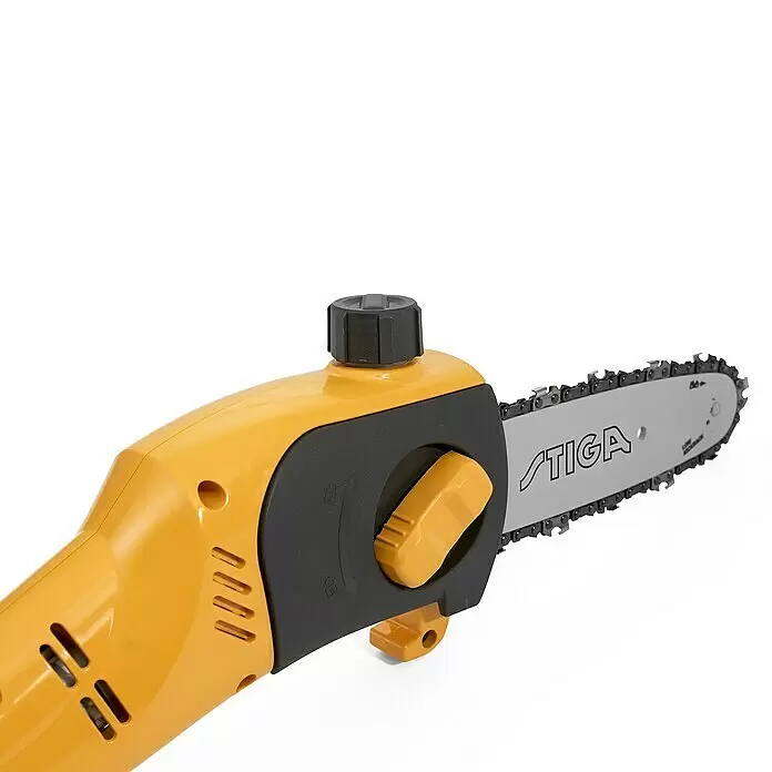 Stiga Akku-Multitool MT 100e Set - 20 V, 1 Akku, Schnittlänge: 41 cm - Gelb-schwarze Elektrokettensäge mit sichtbarer Kette, STIGA-Logo auf dem Schwert und Spannknopf.