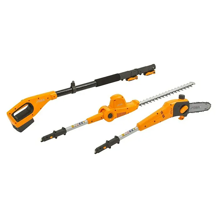 Stiga Akku-Multitool MT 100e Set - 20 V, 1 Akku, Schnittlänge: 41 cm - Drei STIGA-Gartengeräte, darunter eine Heckenschere und eine Kettensäge, die sich ideal für die Gartenarbeit eignen.