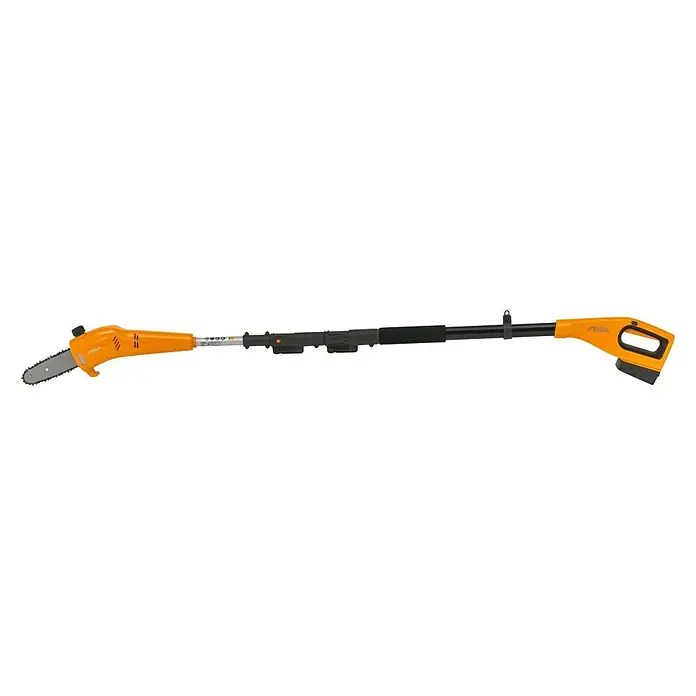 Stiga Akku-Multitool MT 100e Set - 20 V, 1 Akku, Schnittlänge: 41 cm - Eine ausziehbare Stiga Astsäge, ideal für Baumpflege in größeren Höhen, mit orangefarbenem Griff.