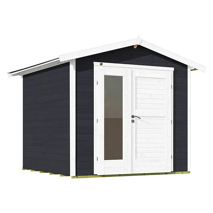 Weka Gartenhaus 224 - Außenmaß inkl. Dachüberstand (B x T): 280 x 238 cm, Holz, Anthrazit - Ein stilvolles Gartenhaus mit dunklen Holzwänden und weißen Akzenten an Türen und Dach. Perfekt für den Garten oder als Stauraum.