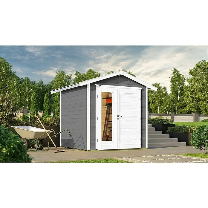 Weka Gartenhaus 224 - Außenmaß inkl. Dachüberstand (B x T): 260 x 238 cm, Holz, Grau - Abbildung eines grauen Holzschuppens mit weißen Akzenten und einer teilweise geöffneten Tür, der einen Blick auf das Innere ermöglicht.