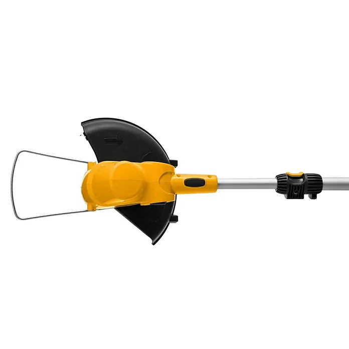 Stiga 100er Serie Akku-Rasentrimmer GT 100e - Set - 20 V, 2 Ah, Li-Ionen, 1 Akku, Schnittbreite Faden: 25 cm - Nahaufnahme eines gelben Rasentrimmers mit schwarzer Schutzvorrichtung und silbernem Schaft, der ein präzises Kantenschneiden im Garten ermöglicht.