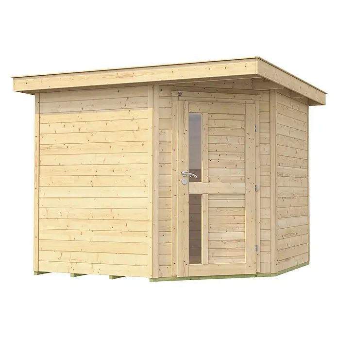 Weka Gartenhaus 229 A - Außenmaß inkl. Dachüberstand (B x T): 270 x 270 cm, Holz, Natur - Ein helles Holzgartenhaus mit Flachdach und Glastür, ideal für zusätzlichen Stauraum im Freien oder als kleine Werkstatt.
