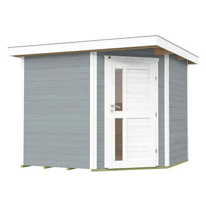 Weka Gartenhaus 229 A - Außenmaß inkl. Dachüberstand (B x T): 270 x 270 cm, Holz, Grau - Abbildung eines modernen grauen Gartenhauses mit weißem Dach und Tür. Praktische und stilvolle Ergänzung für jeden Garten.