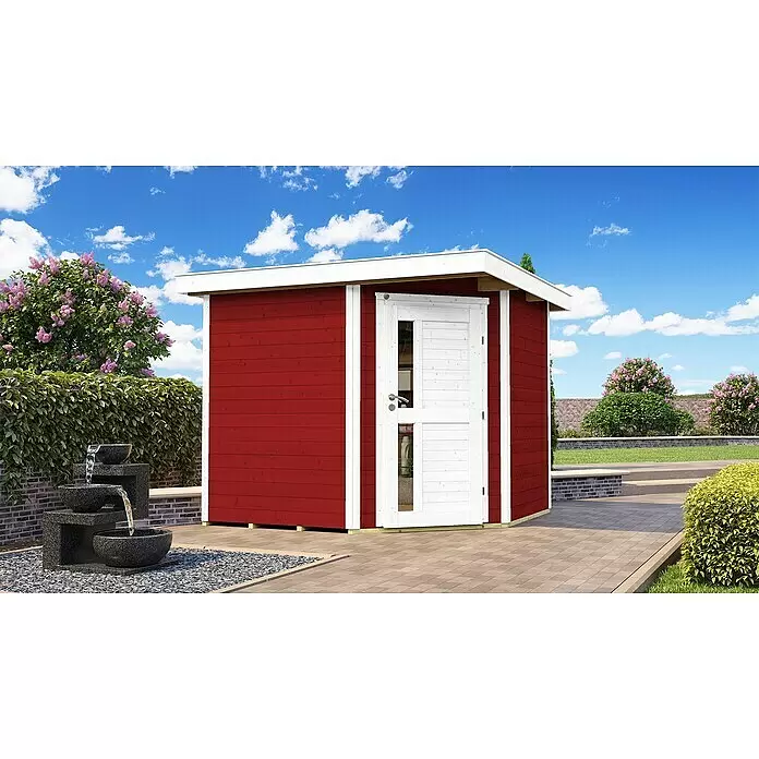Weka Gartenhaus 229 A - Außenmaß inkl. Dachüberstand (B x T): 270 x 270 cm, Holz, Schwedenrot - Rotes Holz-Gartenhaus mit weißer Tür und Glaseinsatz, auf einer Terrasse in einem grünen Garten mit Wasserbrunnen.