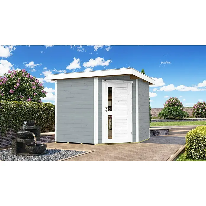 Weka Gartenhaus 229 A - Außenmaß inkl. Dachüberstand (B x T): 270 x 270 cm, Holz, Grau - Das graue Gartenhaus mit weißer Tür fügt sich elegant in die grüne Umgebung ein und bietet Stauraum und Schutz vor Wettereinflüssen.