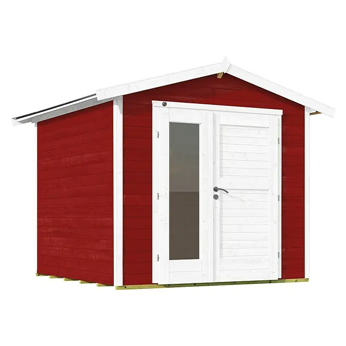 Weka Gartenhaus 224 - Außenmaß inkl. Dachüberstand (B x T): 280 x 238 cm, Holz, Schwedenrot - Abbildung eines roten Gartenhauses mit weißen Zierleisten und Doppeltüren. Das Gartenhaus hat ein schlichtes, funktionales Design.