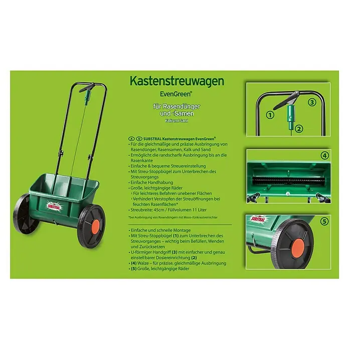 Substral Streuwagen EvergreenStreubreite: 45 cm, 11 l - Bild eines grünen Substral EvenGreen Kastenstreuwagens, der für Rasendünger und -samen geeignet ist, mit detaillierten Ansichten der Funktionen.