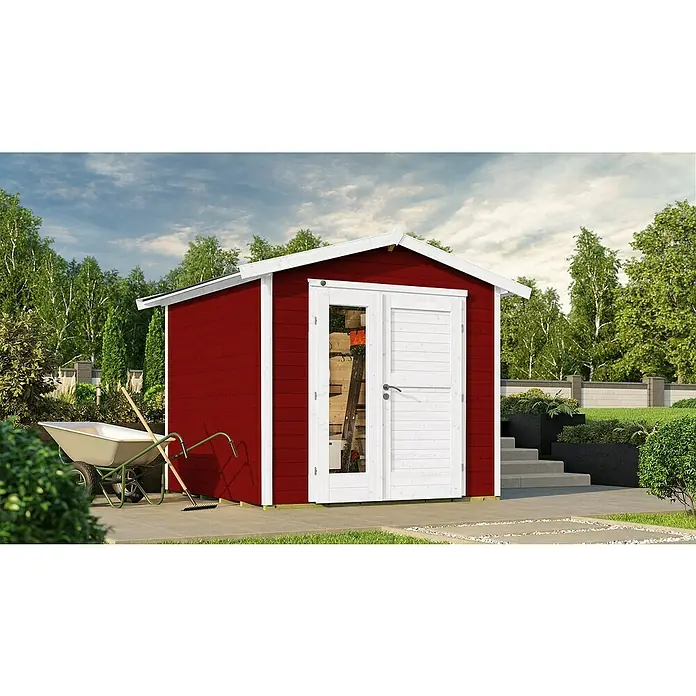 Weka Gartenhaus 224 - Außenmaß inkl. Dachüberstand (B x T): 280 x 238 cm, Holz, Schwedenrot - Ein rotes Gartenhaus mit weißen Akzenten und einer Doppeltür, umgeben von Grün. Ideal für die Aufbewahrung von Gartengeräten.
