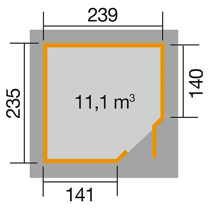 Weka Gartenhaus 229 A - Außenmaß inkl. Dachüberstand (B x T): 270 x 270 cm, Holz, Natur - Detaillierte Abbildung eines Grundrisses mit den Maßen 235 x 239 cm und einer Raumhöhe von 140 cm, was ein Volumen von 11,1 m³ ergibt.