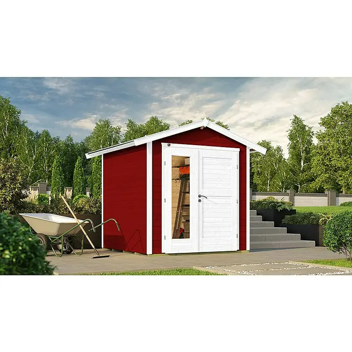 Weka Gartenhaus 224 - Außenmaß inkl. Dachüberstand (B x T): 260 x 238 cm, Holz, Schwedenrot - Ein rot gestrichenes Gartenhaus mit weißen Akzenten, das auf einer gepflasterten Fläche steht und von Grün umgeben ist.