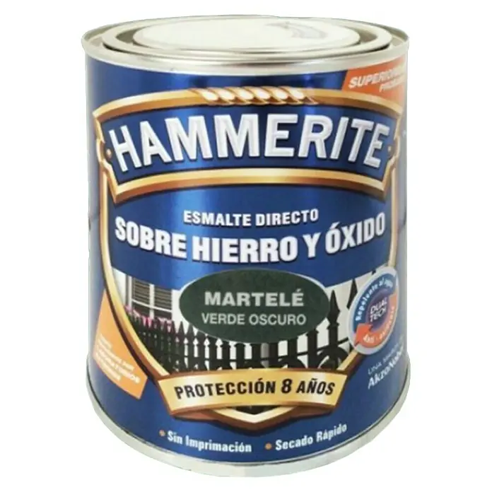 Hammerite Esmalte para metal Hierro y Óxido - Verde oscuro, 750 ml, Efecto martelé - Pintura directa para hierro y óxido Hammerite, Martelé Verde Oscuro, ofrece 8 años de protección, secado rápido.