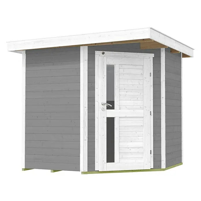 Weka Gartenhaus 229 A - Außenmaß inkl. Dachüberstand (B x T): 244 x 244 cm, Holz, Grau - Modernes Gartenhaus mit grau gestrichenen Holzpaneelen, weißer Tür und weißem Dach, ideal für den Garten.