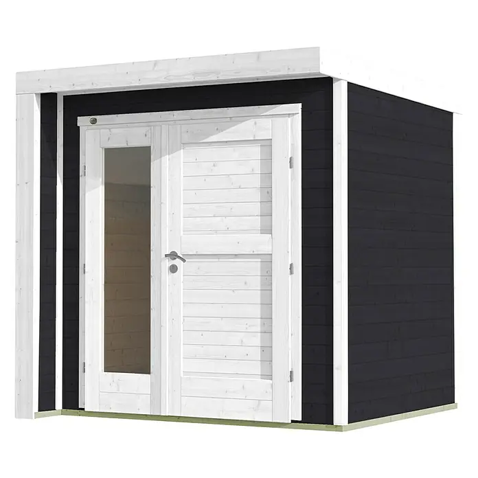 Weka Gartenhaus 262 B - Außenmaß inkl. Dachüberstand (B x T): 214 x 218 cm, Holz, Anthrazit, Doppeltür - Das Bild zeigt ein modernes Gartenhaus in Schwarz und Weiß. Das Gartenhaus hat eine Doppeltür, davon eine mit Fenster.