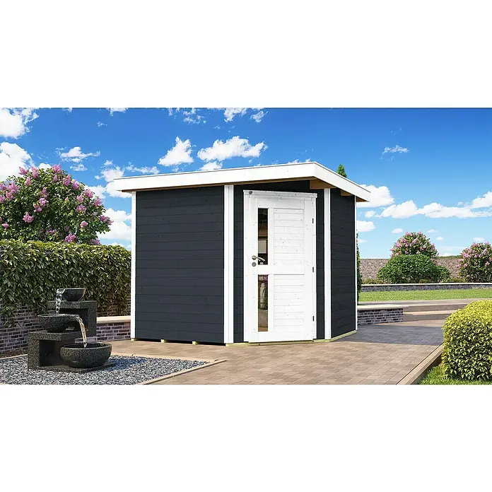 Weka Gartenhaus 229 A - Außenmaß inkl. Dachüberstand (B x T): 270 x 270 cm, Holz, Anthrazit - Eine moderne, graue Gartenhütte mit weißer Tür und Dach, eingebettet in eine grüne Gartenlandschaft unter blauem Himmel.