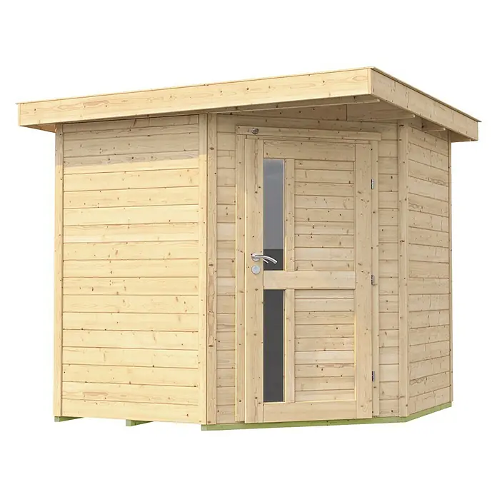Weka Gartenhaus 229 A - Außenmaß inkl. Dachüberstand (B x T): 244 x 244 cm, Holz, Natur - Abbildung eines Holzgartenhauses mit Tür und Fenster zur Aufbewahrung von Gartengeräten und als Wetterschutz.