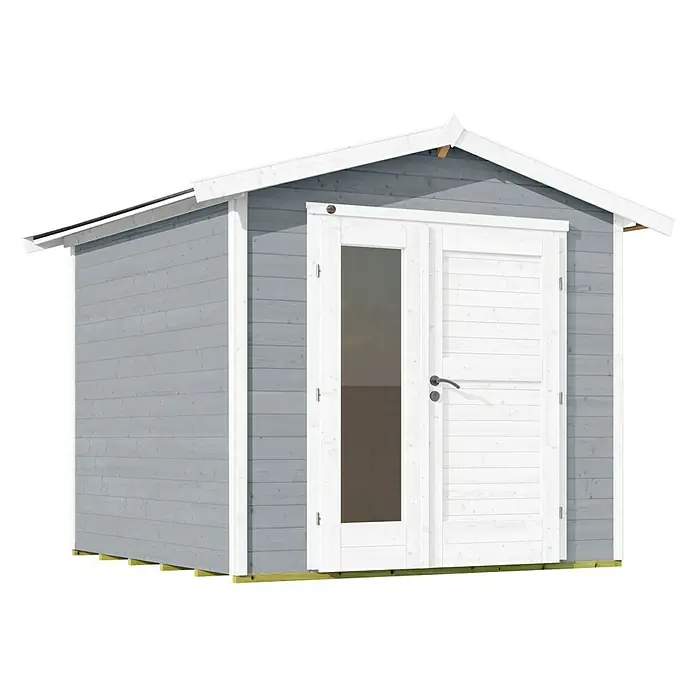 Weka Gartenhaus 224 - Außenmaß inkl. Dachüberstand (B x T): 280 x 238 cm, Holz, Grau - Abbildung eines Gartenhauses in Grau und Weiß mit Doppeltür, davon eine mit Fenster, auf einem dunklen Hintergrund.