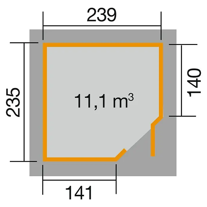 Weka Gartenhaus 229 A - Außenmaß inkl. Dachüberstand (B x T): 270 x 270 cm, Holz, Anthrazit - Grundrisszeichnung eines Raumes mit den Maßen 239 x 235 cm und einer Nische, die zu einem Rauminhalt von 11,1 m³ führt.