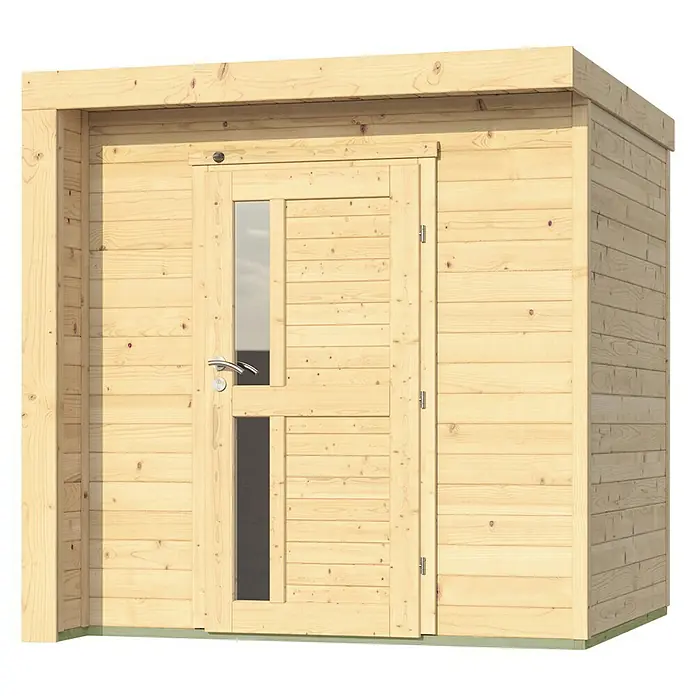 Weka Gartenhaus 262 C - Außenmaß inkl. Dachüberstand (B x T): 214 x 218 cm, Holz, Natur, Einzeltür - Ein helles Holzgartenhaus mit einer Tür mit Fenster und einem silbernen Türgriff. Das Gartenhaus ist einfach und modern gestaltet.