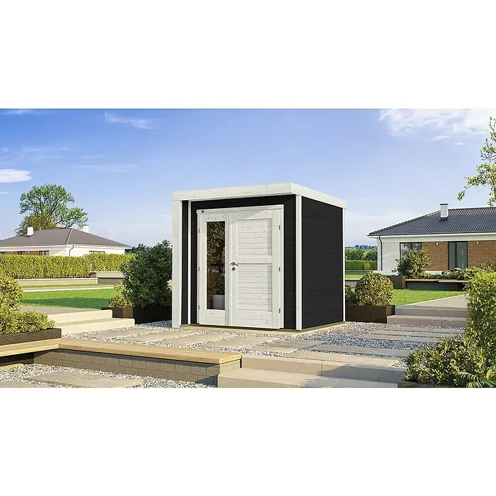 Weka Gartenhaus 262 B - Außenmaß inkl. Dachüberstand (B x T): 214 x 218 cm, Holz, Natur, Doppeltür - Das moderne Gartenhaus besticht durch sein schlichtes Design mit dunklen Holzwänden und weißen Akzenten. Der ideale Stauraum für jeden Garten.