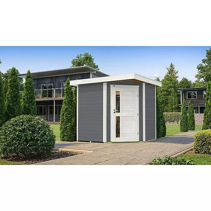 Weka Gartenhaus 229 A - Außenmaß inkl. Dachüberstand (B x T): 244 x 244 cm, Holz, Grau - Grauer Holzgeräteschuppen mit weißer Tür, auf einem gepflasterten Weg in einem modernen Garten.