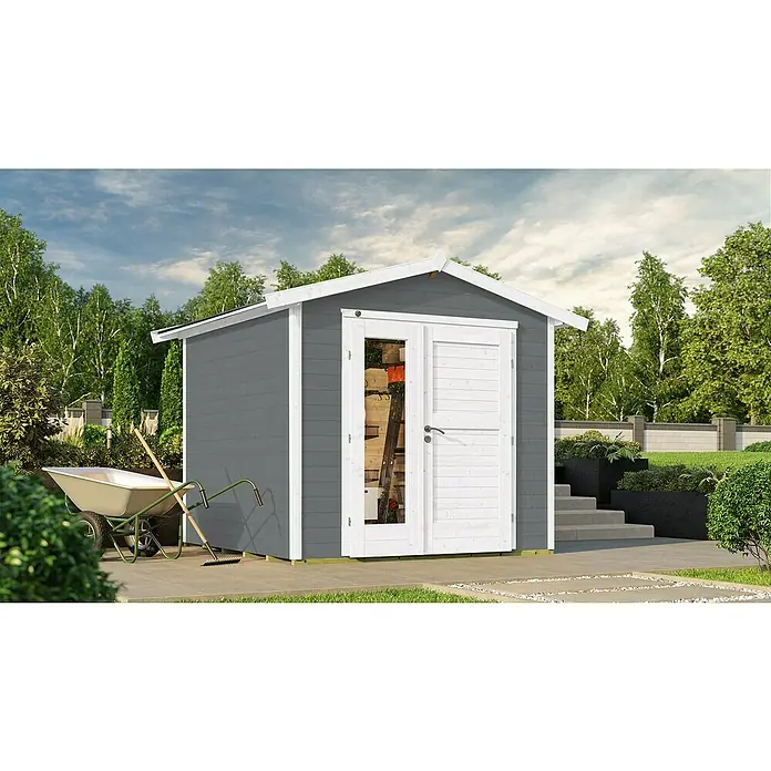 Weka Gartenhaus 224 - Außenmaß inkl. Dachüberstand (B x T): 280 x 238 cm, Holz, Grau - Gartenschuppen mit Doppeltür und Fenster, grau gestrichen mit weißem Rahmen, für die Aufbewahrung von Gartengeräten und Werkzeugen.