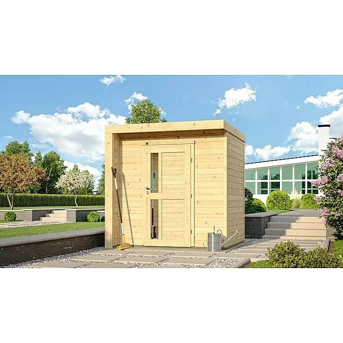 Weka Gartenhaus 262 C - Außenmaß inkl. Dachüberstand (B x T): 214 x 218 cm, Holz, Natur, Einzeltür - Heller Holz-Gartenschuppen mit Doppeltür und Fenstern auf gepflastertem Bereich mit Gartengeräten.