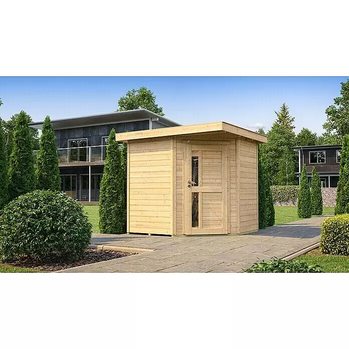 Weka Gartenhaus 229 A - Außenmaß inkl. Dachüberstand (B x T): 244 x 244 cm, Holz, Natur - Kleiner Gartenpavillon aus hellem Naturholz mit Flachdach und Glastür auf einem gepflasterten Weg in einem modernen Garten.