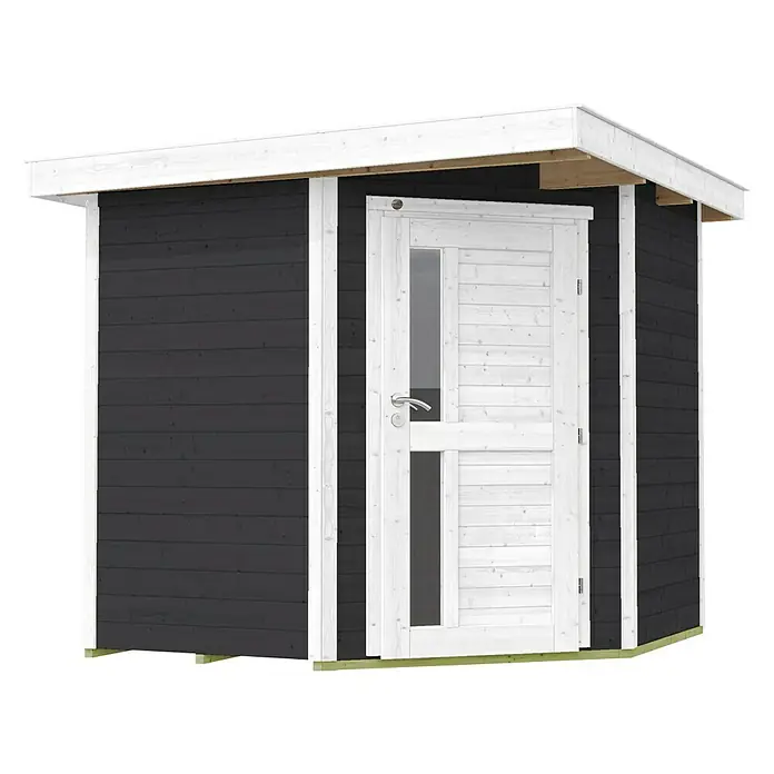 Weka Gartenhaus 229 A - Außenmaß inkl. Dachüberstand (B x T): 244 x 244 cm, Holz, Anthrazit - Ein dunkler Holzgartenhaus mit weißem Dach und Tür. Ideal für die Aufbewahrung oder als Rückzugsort im Garten.
