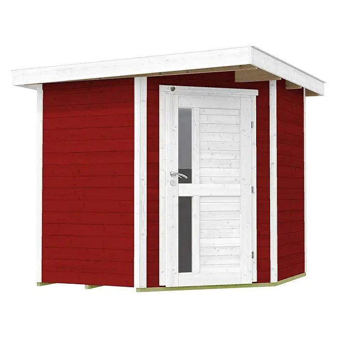 Weka Gartenhaus 229 A - Außenmaß inkl. Dachüberstand (B x T): 244 x 244 cm, Holz, Schwedenrot - Rotes Gartenhaus mit weißer Tür und weißem Dach. Das Gartenhaus ist aus Holz und hat ein Fenster in der Tür.