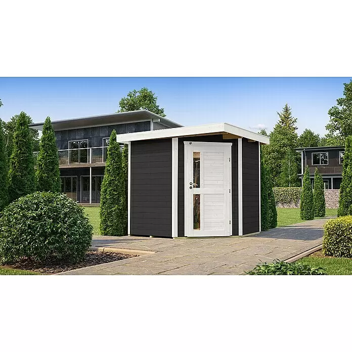 Weka Gartenhaus 229 A - Außenmaß inkl. Dachüberstand (B x T): 244 x 244 cm, Holz, Anthrazit - Modernes schwarzes Gartenhaus mit weißer Tür auf einem gepflasterten Weg in einer Gartenumgebung.