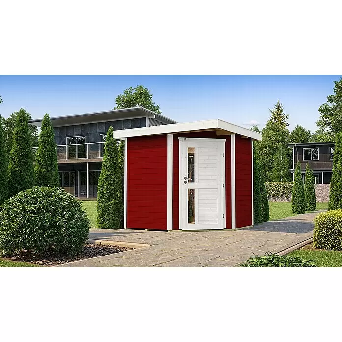 Weka Gartenhaus 229 A - Außenmaß inkl. Dachüberstand (B x T): 244 x 244 cm, Holz, Schwedenrot - Rotes Gartenhaus mit weißer Tür auf einem gepflasterten Weg in einer modernen Gartenumgebung.