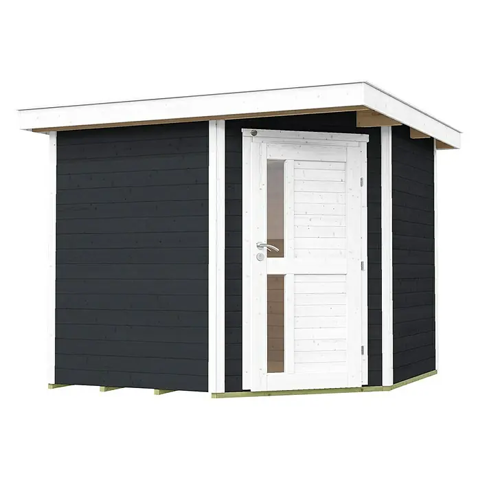 Weka Gartenhaus 229 A - Außenmaß inkl. Dachüberstand (B x T): 270 x 270 cm, Holz, Anthrazit - Ein stilvoller, schwarzer Holzgartenhaus mit einer weißen Tür und weißem Dach, ideal für die Aufbewahrung von Gartengeräten.