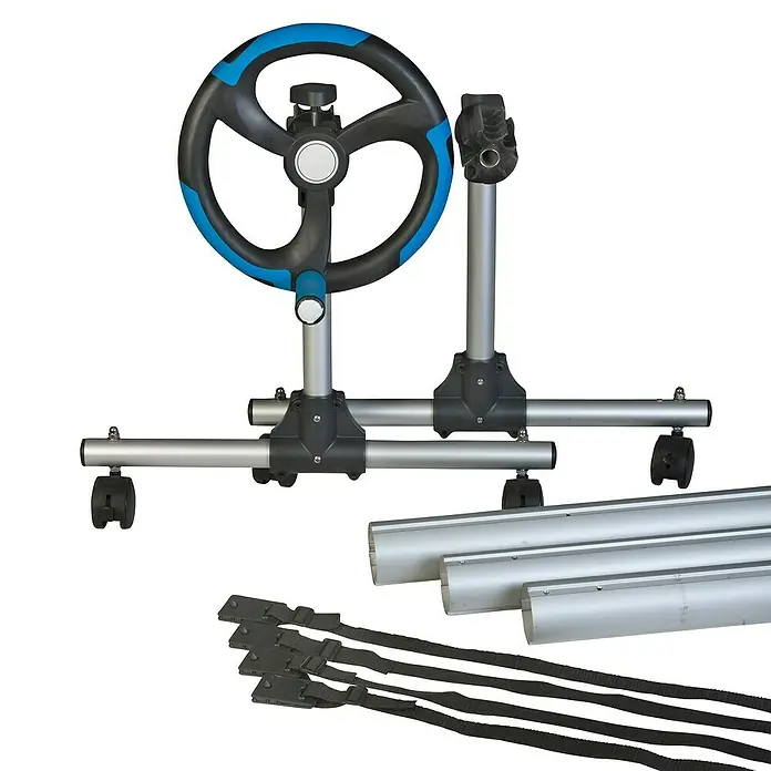 Gre Planenaufroller - Passend für: Pools bis 500 cm Breite - Produktabbildung eines blauen Poolfolienaufrollers mit ausziehbarer Teleskopstange und Befestigungsgurten.