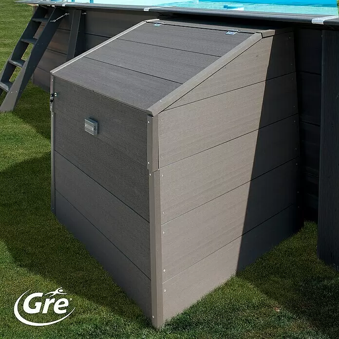 Gre Technikraum - L x B x H: 80 x 60 x 115 cm - Dunkelgraue Aufbewahrungsbox aus Verbundholz für Poolzubehör, neben einem Aufstellpool.