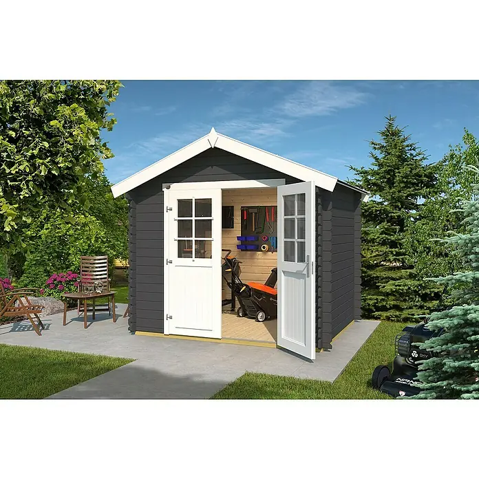 Weka Gartenhaus 209 - Außenmaß inkl. Dachüberstand (B x T): 288 x 234 cm, Holz, Graphitgrau - Geräumiges Gartenhaus mit Doppeltür, ideal für die Aufbewahrung von Gartengeräten und Werkzeugen. Schützt Ihre Ausrüstung vor Wind und Wetter.