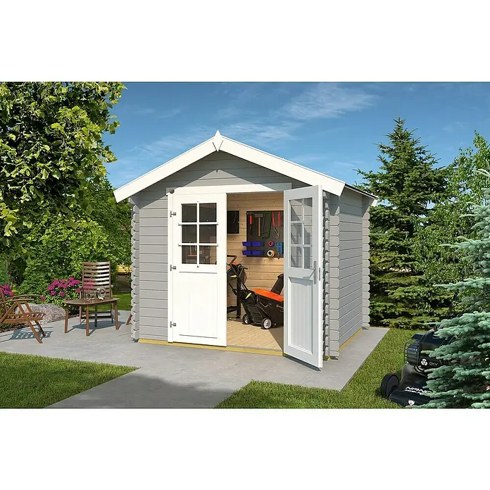 Weka Gartenhaus 209 - Außenmaß inkl. Dachüberstand (B x T): 288 x 234 cm, Holz, Hellgrau - Geräumiges Gartenhaus aus Holz mit Doppeltür und Fenstern, ideal für die Aufbewahrung von Gartengeräten und Werkzeugen.