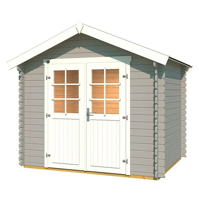 Weka Gartenhaus 209 - Außenmaß inkl. Dachüberstand (B x T): 288 x 234 cm, Holz, Hellgrau - Ein graues Gartenhaus mit Doppeltüren und Fenstern im oberen Bereich, das einen rustikalen Charme ausstrahlt. Perfekt für Gartenutensilien.