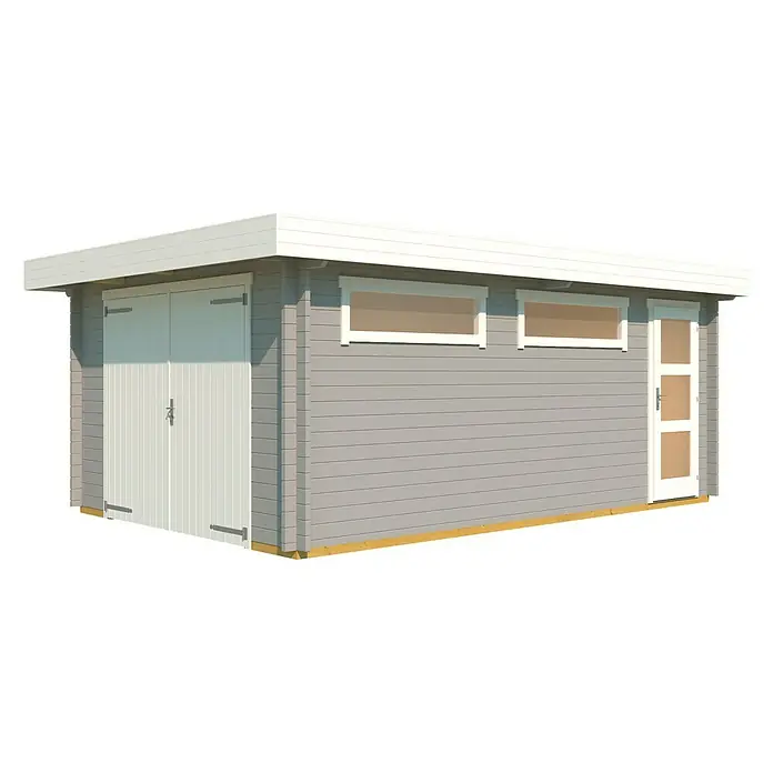 Weka Garage 441 - Holz, Hellgrau, Einzelgarage - Ansicht eines grauen Gartenhauses mit weißen Fenstern, Türen und einem Doppeltor. Das Haus hat ein flaches weißes Dach.