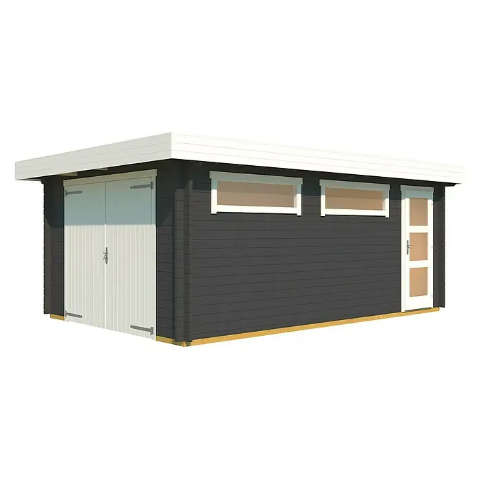 Weka Garage 441 - Holz, Graphitgrau - Das Bild zeigt ein modernes Gartenhaus mit Doppeltür, Fenstern und einer Tür. Das Gartenhaus ist grau mit weißen Akzenten.