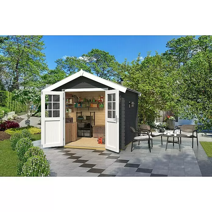 Weka Gartenhaus 209 - Außenmaß inkl. Dachüberstand (B x T): 288 x 284 cm, Holz, Graphitgrau - Dunkelgraues Gartenhaus mit weißem Besatz, offene Türen zeigen einen organisierten Holzinnenraum mit Regalen, im Garten.