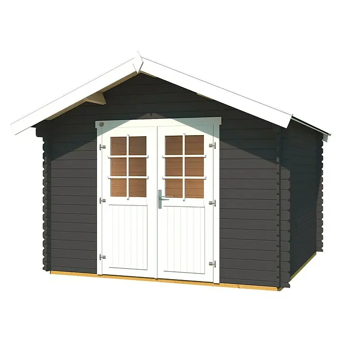 Weka Gartenhaus 209 - Außenmaß inkl. Dachüberstand (B x T): 333 x 360 cm, Holz, Graphitgrau - Ein graues Gartenhaus mit weißen Doppeltüren und weißem Dach. Das Holzhaus ist zur Lagerung von Gartengeräten geeignet.