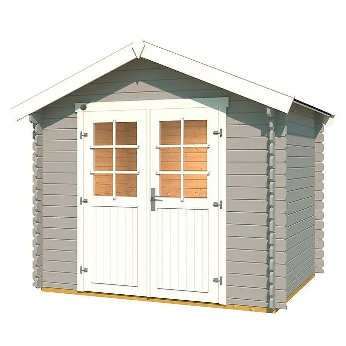 Weka Gartenhaus 209 - Außenmaß inkl. Dachüberstand (B x T): 288 x 284 cm, Holz, Hellgrau - Ein graues Gartenhaus mit weißem Giebeldach und Doppeltür mit Fenstern. Ideal für die Aufbewahrung von Gartengeräten.